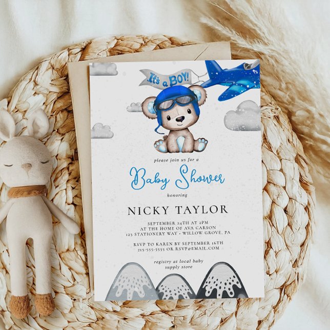 Its a Boy Aviator Bear Plane Winter Baby Shower Invitation (Creator Uploaded)