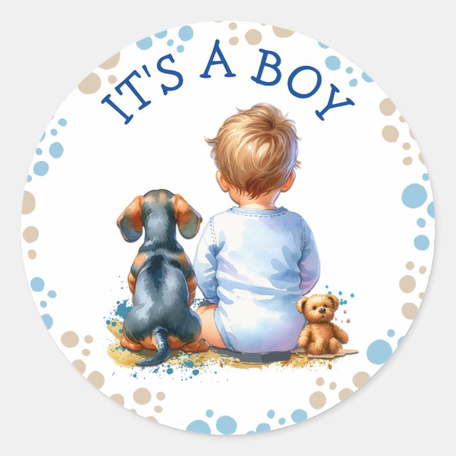 It's a Boy | Baby and Dachshund Puppy Baby Shower Classic Round Sticker (Front)