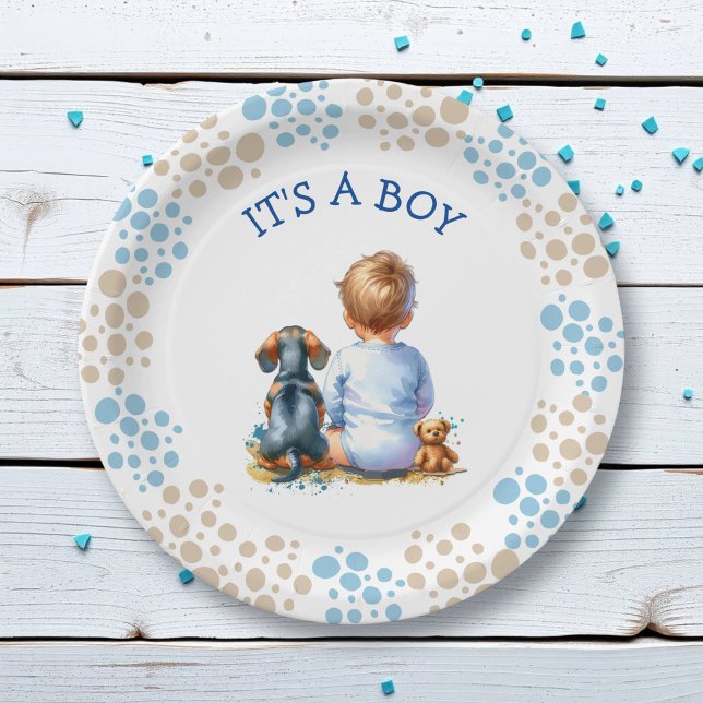 It's a Boy | Baby and Dachshund Puppy Baby Shower Paper Plate (Creator Uploaded)