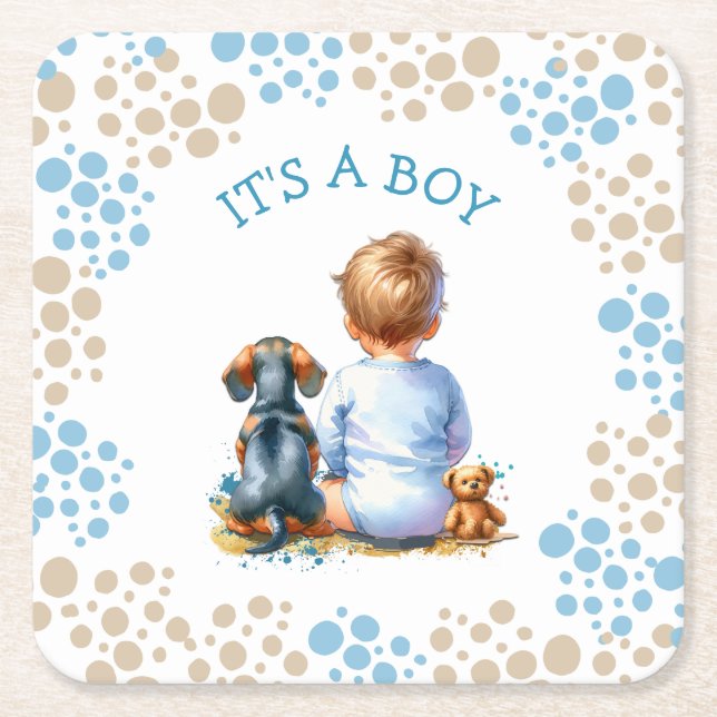 It's a Boy | Baby and Dachshund Puppy Baby Shower Square Paper Coaster (Front)