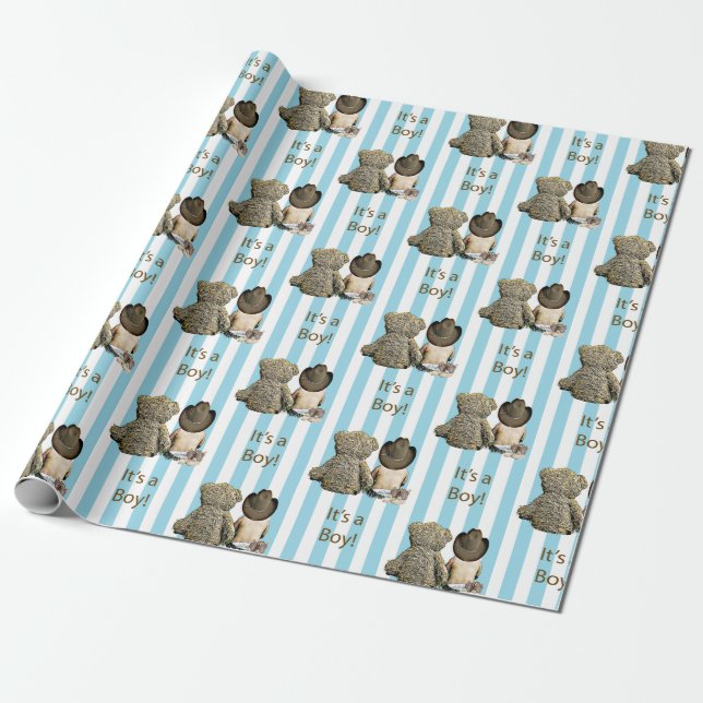 It's a Boy Baby Cowboy and Teddy Bear Baby Shower Wrapping Paper (Unrolled)