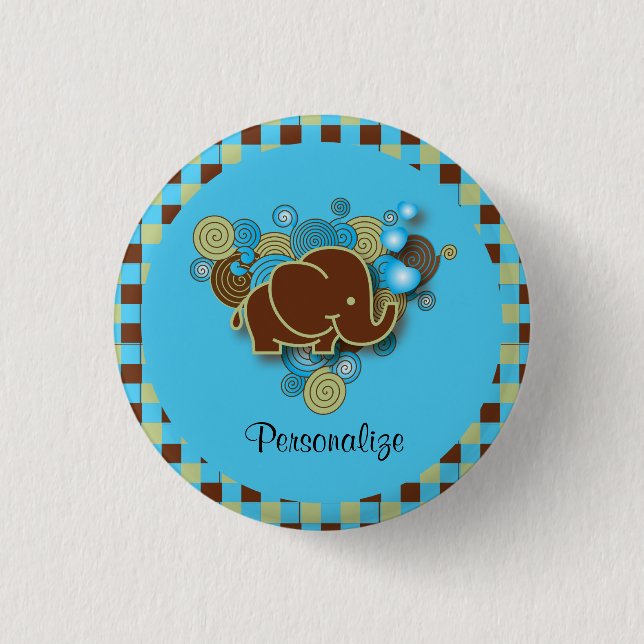 It's A Boy | Baby Elephant | Blue & Brown Plaid 3 Cm Round Badge (Front)