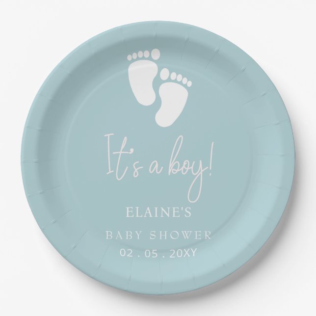 Its a Boy Baby Feet Blue Boy Baby Shower Paper Plate (Front)