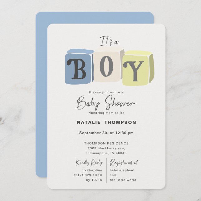 It's a Boy Baby Shower Blocks Blue Invitation (Front/Back)