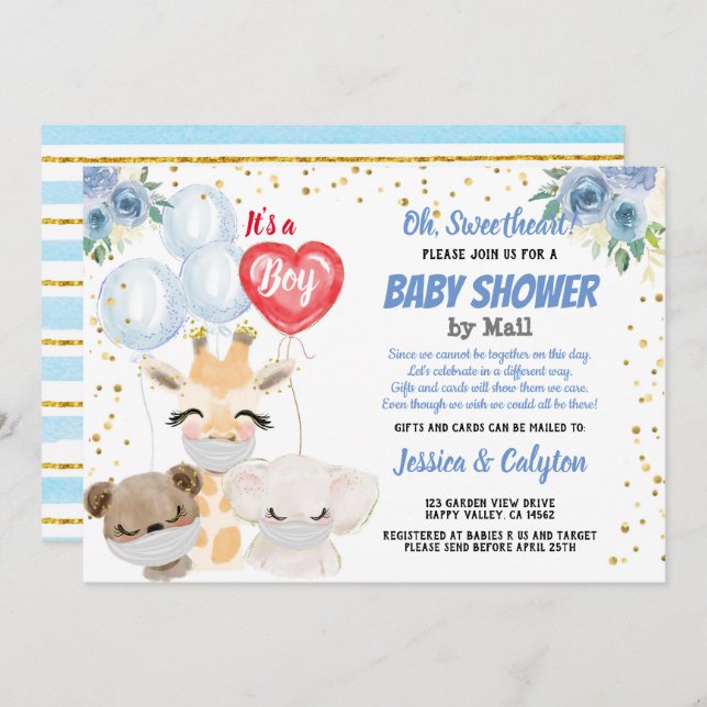 It's a Boy Baby Shower By Mail Cute Animals Masks Invitation (Front/Back)