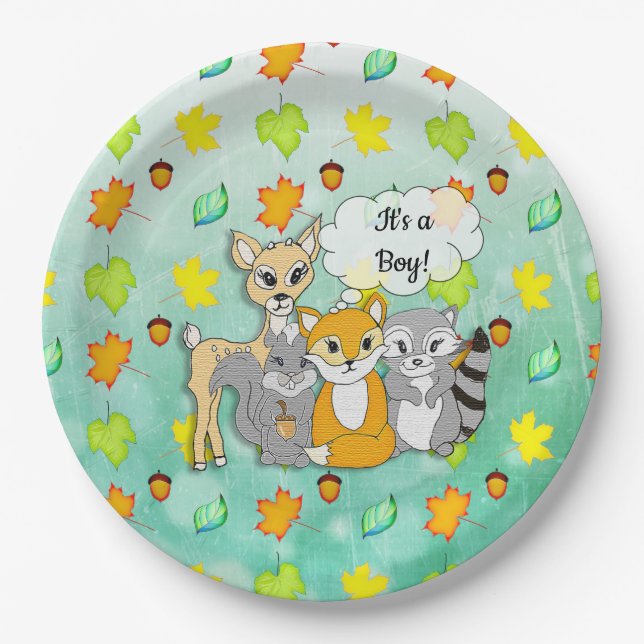 It's a Boy! Baby Shower Forest Animals (textured) Paper Plate (Front)