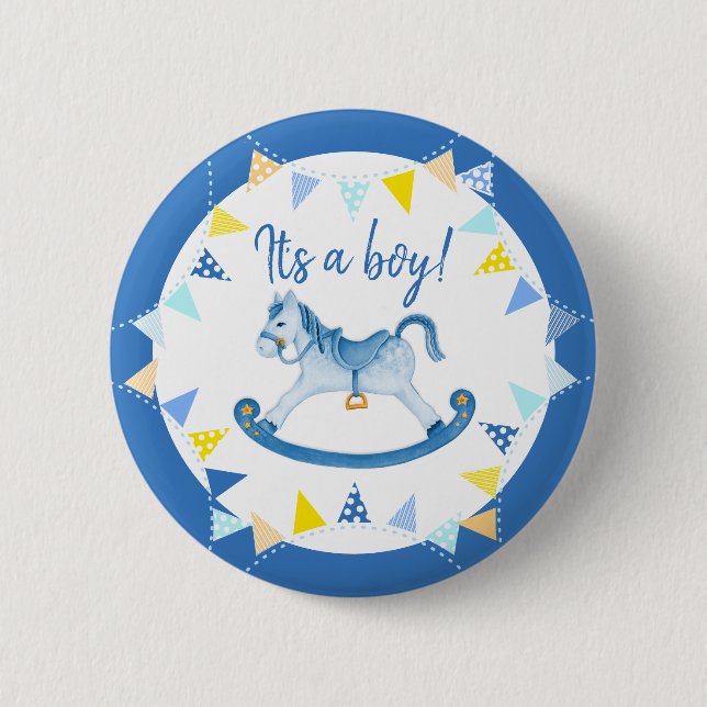 It's a boy baby shower gender reveal hobby horse 6 cm round badge (Front)