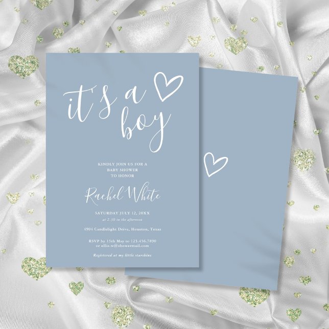 It's A Boy Baby Shower Heart Dusty Blue Minimalist Invitation (It's A Boy Baby Shower Heart Dusty Blue Minimalist Invitation)