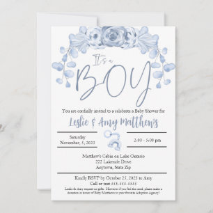Its a boy Baby Shower invitation, Blue floral Invitation