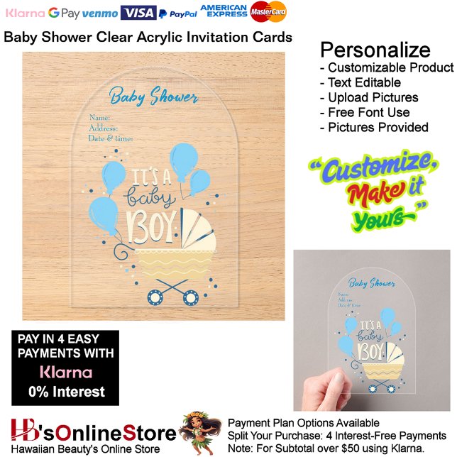 It's a Boy Baby Shower Invitation Card 21 (Boy's Baby Shower Birth Party Supplies Celebrate Clear Acrylic Invitations 21.)
