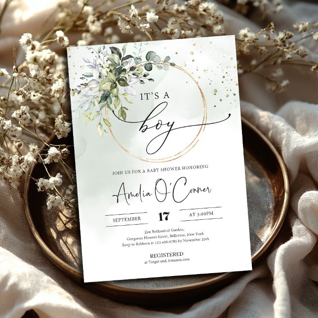 It's A Boy Baby Shower Invitation Greenery Boho (It's A Boy Baby Shower Invitation Greenery and gold wreath)