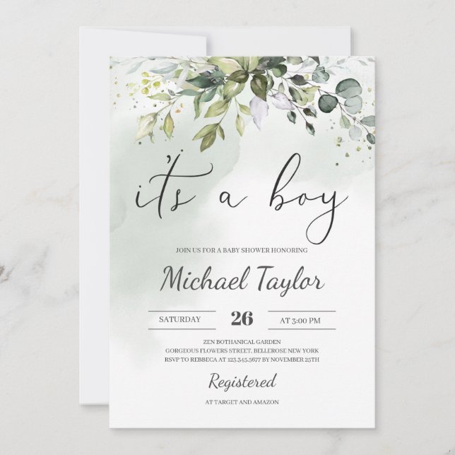 It's A Boy Baby Shower Invitation Greenery Boho (Front)