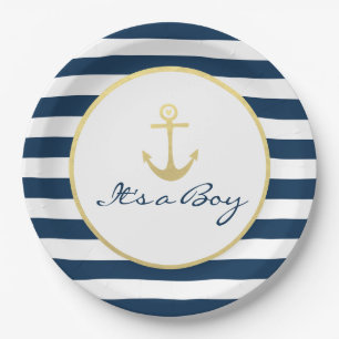 It's a Boy Baby Shower Nautical Navy Stripe Gold Paper Plate