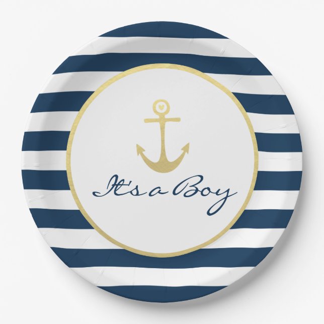 It's a Boy Baby Shower Nautical Navy Stripe Gold Paper Plate (Front)