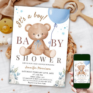 It's a Boy   Baby Shower Teddy Bear Blue Balloon  Invitation
