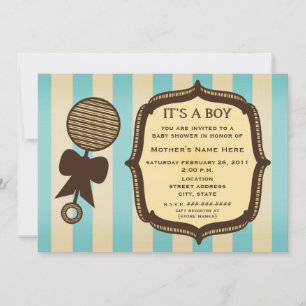 It's A Boy Baby Shower Vintage Rattle Blue Stripes Invitation