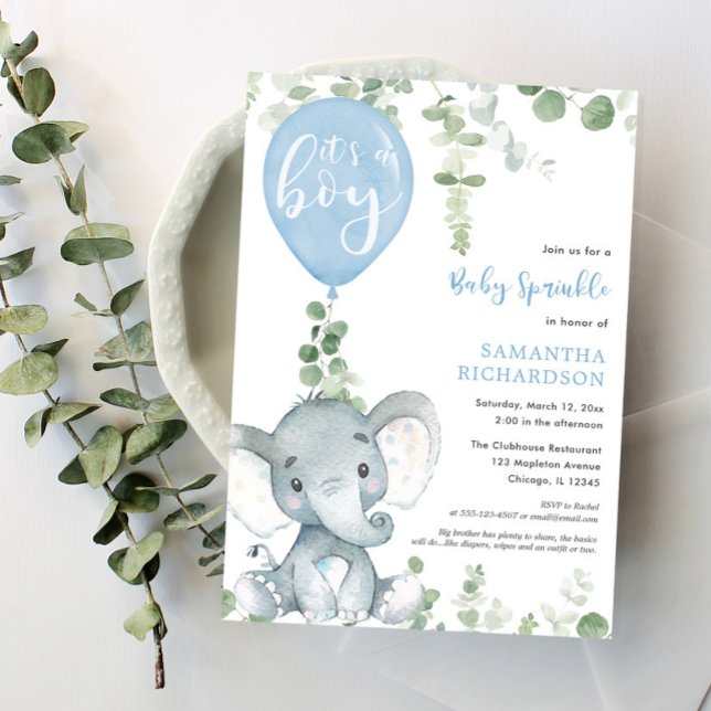 It's a boy baby sprinkle cute elephant balloon invitation (Creator Uploaded)