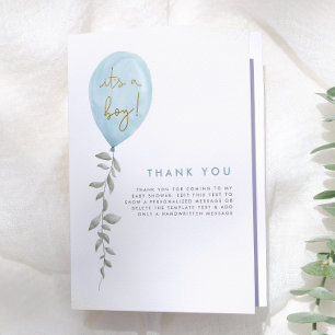 Its A Boy Balloon Greenery Baby Shower Thank You Card