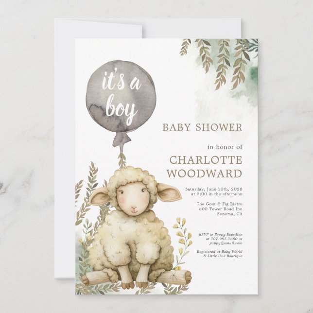 It's A Boy Balloon Lamb Baby Shower Invitation (Front)