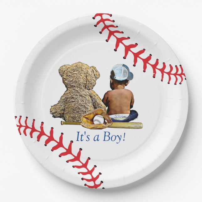 It's a Boy Baseball Themed Boys Baby Shower Ethnic Paper Plate (Front)