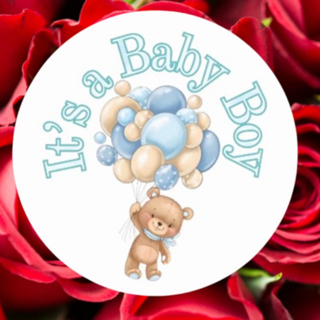 It's a boy Bear Baby Shower  Classic Round Sticker (Celebrate your baby boy with our adorable bear baby shower sticker.)