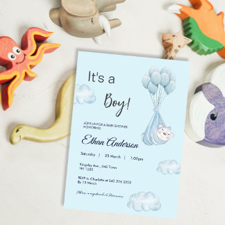 It's a Boy Bear Balloon Baby Shower Invitation
