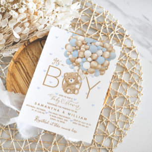 It's a Boy Bear Blue Balloon Heart Baby Shower Invitation