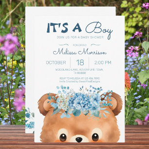 It's a boy Bear Floral Blue Baby Shower Invitation