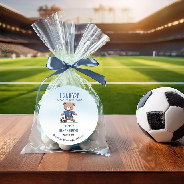 It's A Boy Bearly Wait Soccer Player Baby Shower Classic Round Sticker (Blue "It's A Boy and We Can Bearly Wait!" Teddy Bear Soccer Player Boy Baby Shower Favor Sticker)