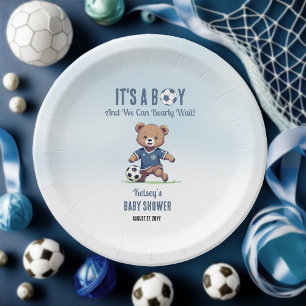 It's A Boy Bearly Wait Soccer Player Baby Shower Paper Plate