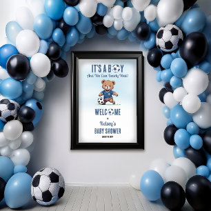 It's A Boy Bearly Wait Soccer Player Baby Shower Poster