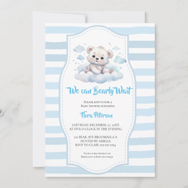It's a boy bearly wait woodland baby bear shower  invitation (Front)