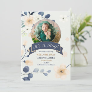 It's a Boy Birth Blue and Yellow Blossoms Announcement