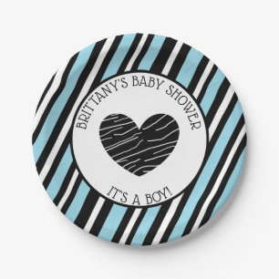 Its a boy, Blue and Black Striped Baby Shower Paper Plate
