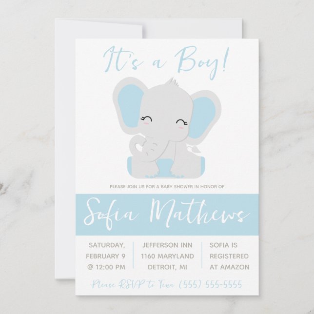 It's a Boy!  Blue and Grey Elephant Baby Shower Invitation (Front)