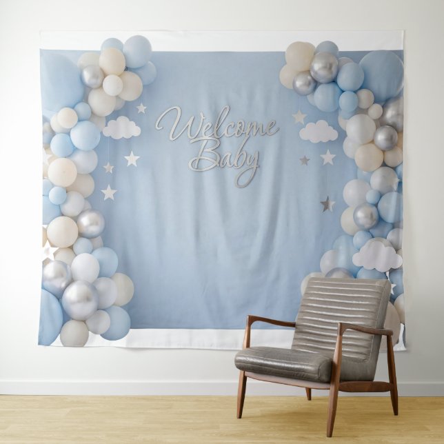 It's a Boy Blue Baby Balloon Arch Backdrop  Tapestry (In Situ (Horizontal))