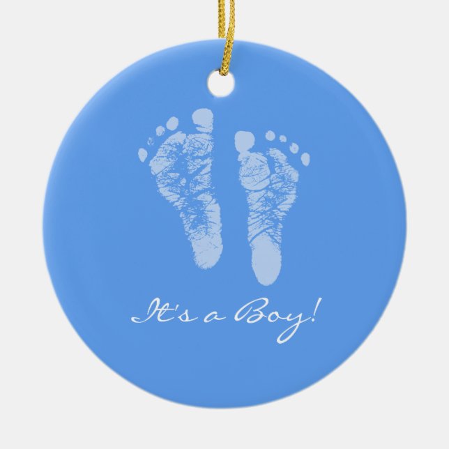Its a Boy Blue Baby Footprints Birth Announcement Ceramic Tree Decoration (Front)