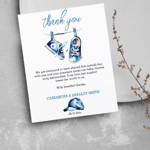 It's a boy blue baby shoes a cap thank you card