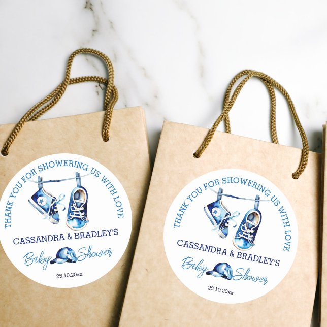 It's a boy blue baby shoes thank you favour classic round sticker (It's a boy baby shower thank you favor gift stickers blue baby shoes sneakers on a line sports cap)
