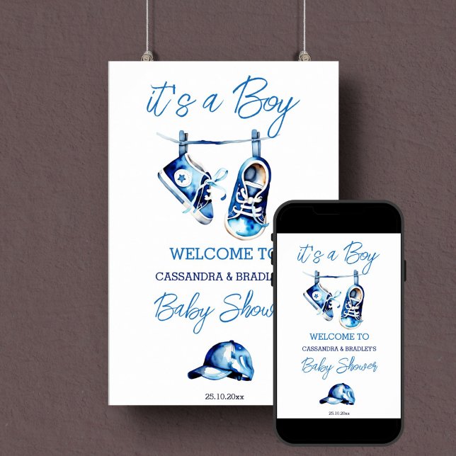 It's a boy blue baby shoes welcome sign (It's a boy baby shower welcome sign template poster instant download blue baby sneakers shoes hangin)
