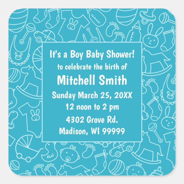 It's a Boy Blue Baby Shower Save the Date Square Sticker (Front)