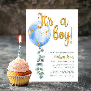 It's a Boy Blue Balloon Baby Shower Gold Script Invitation