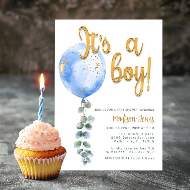 It's a Boy Blue Balloon Baby Shower Gold Script Invitation (It's a boy invitation)