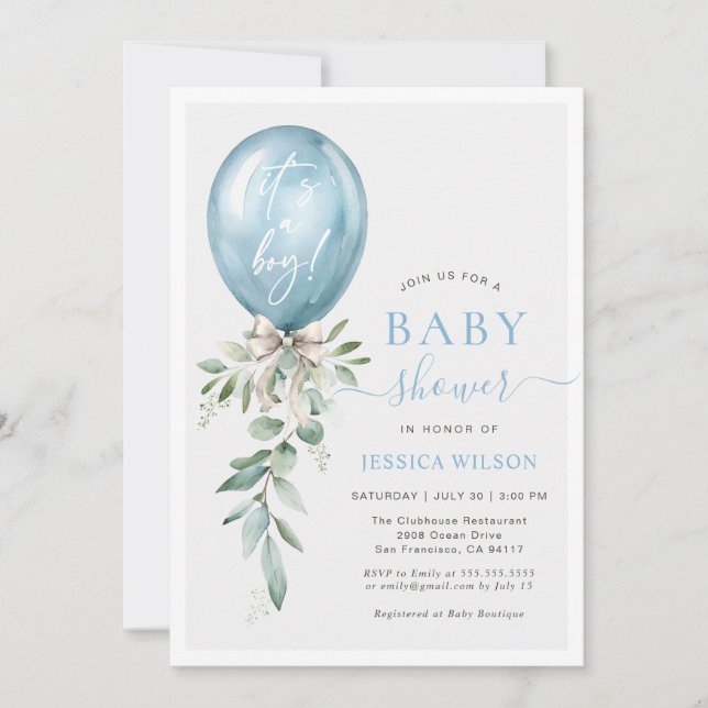 It's A Boy Blue Balloon Bow Greenery Baby Shower Invitation (Front)