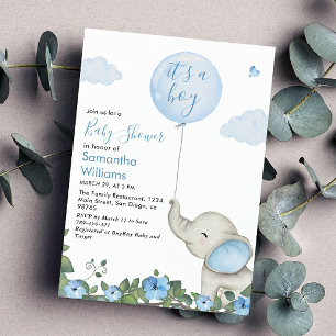 Its A Boy Blue Balloon Elephant Baby Shower Invitation