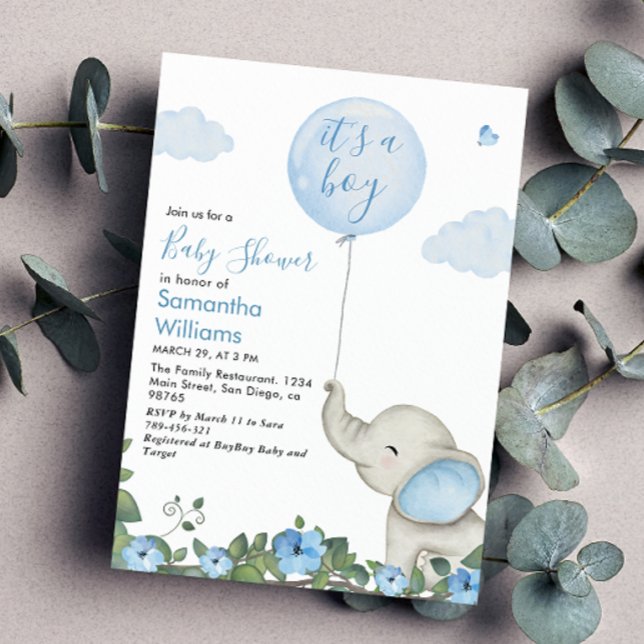 Its A Boy Blue Balloon Elephant Baby Shower Invitation (Creator Uploaded)