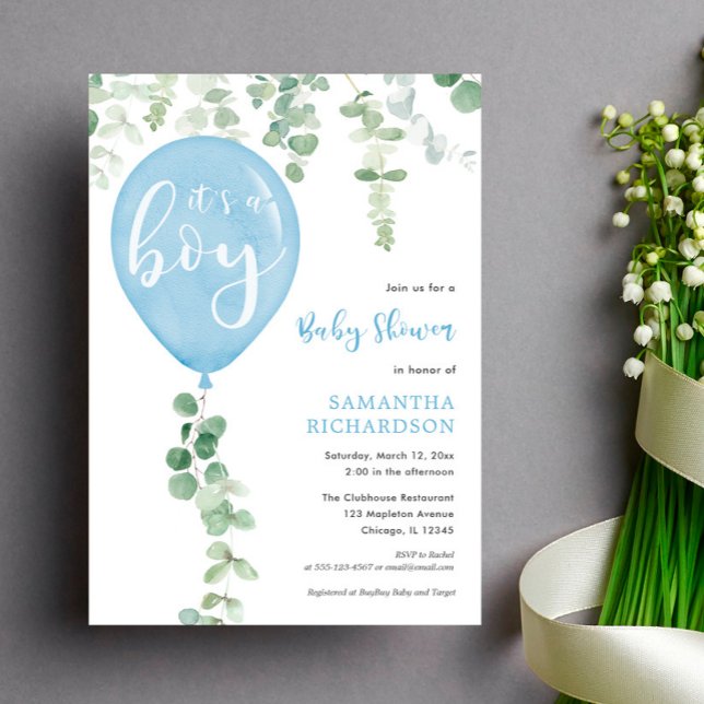 It's a boy blue balloon eucalyptus baby shower invitation (Creator Uploaded)