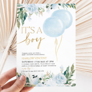 It's A Boy Blue Balloon Greenery Baby Shower  Invitation