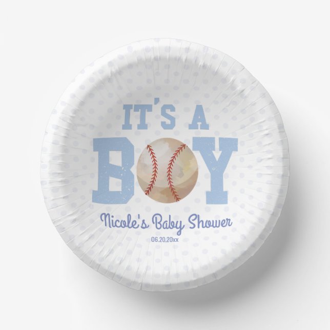 It's A Boy! Blue Baseball Baby Shower Paper Plate (Front)