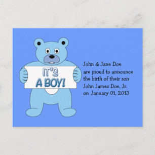 It's A Boy Blue Bear Announcement Postcard
